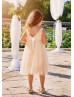 Light Peach Tulle Pearls V Back Short Flower Girl Dress